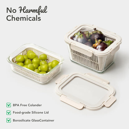 Glass Produce Storage Containers for Fridge, 2-Pack – Airtight Fruit & Vegetable Containers with Removable Colanders, Flexible Silicone Lids,LeakProof, BPA-Free Borosilicate Glass