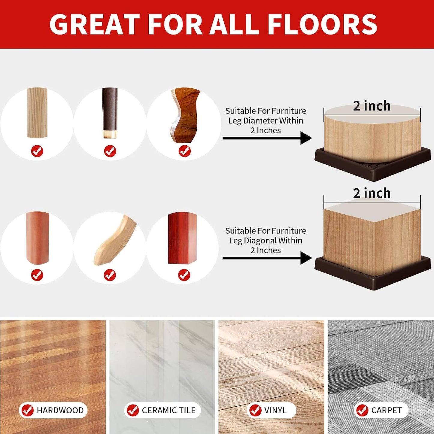 Ezprotekt Non Slip Furniture Pads, 12 Pcs 2" Anti Skid Rubber Furniture Caster Cups, Anti-Slip Furniture Coasters for Hardwood Floors, Anti Slide Floor Protectors for Bed Couch Stoppers (Black)