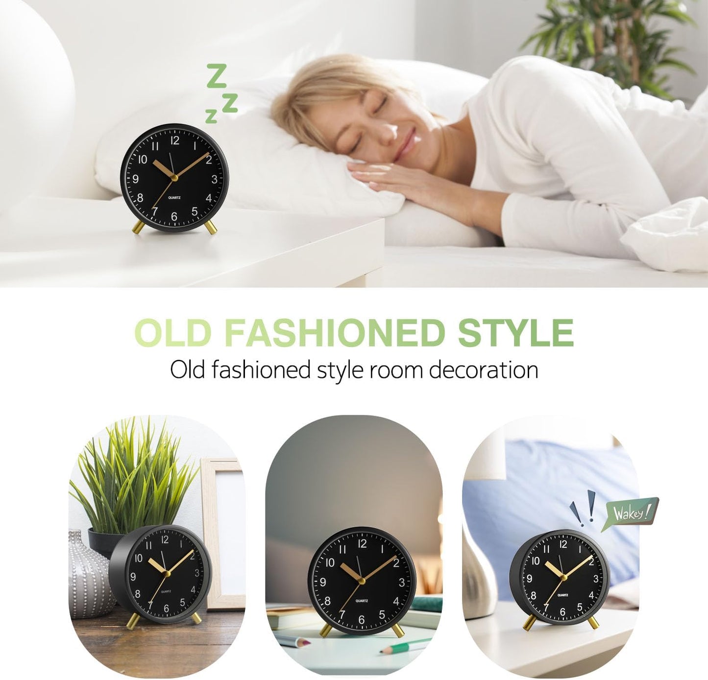 Back to School Silent Analog Quartz Alarm Clock for Kids Bedroom,Night Light, Battery Operated, Fashionable Round Metal
