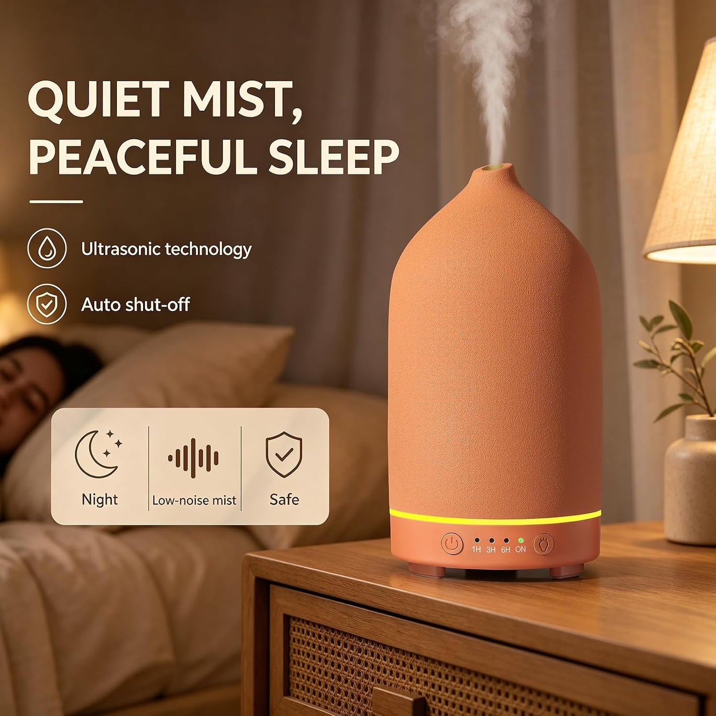 Gooamp 200ML Ceramic Essential Oil Diffuser for Home - Ultrasonic Aromatherapy Diffuser Humidifier with 7 Color LED Lights, Auto Shut-Off, 3 Timers for Bedroom, Office, Yoga, Black