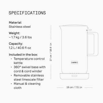 Aarke Kettle - Electric Water Boiler, 1.2L (40oz), Stainless Steel | Temperature Control, Non-Drip Spout, Double-Wall Construction, Dry Boil Protection, Heat-Safe Handle, LED Cool-Down Indicator