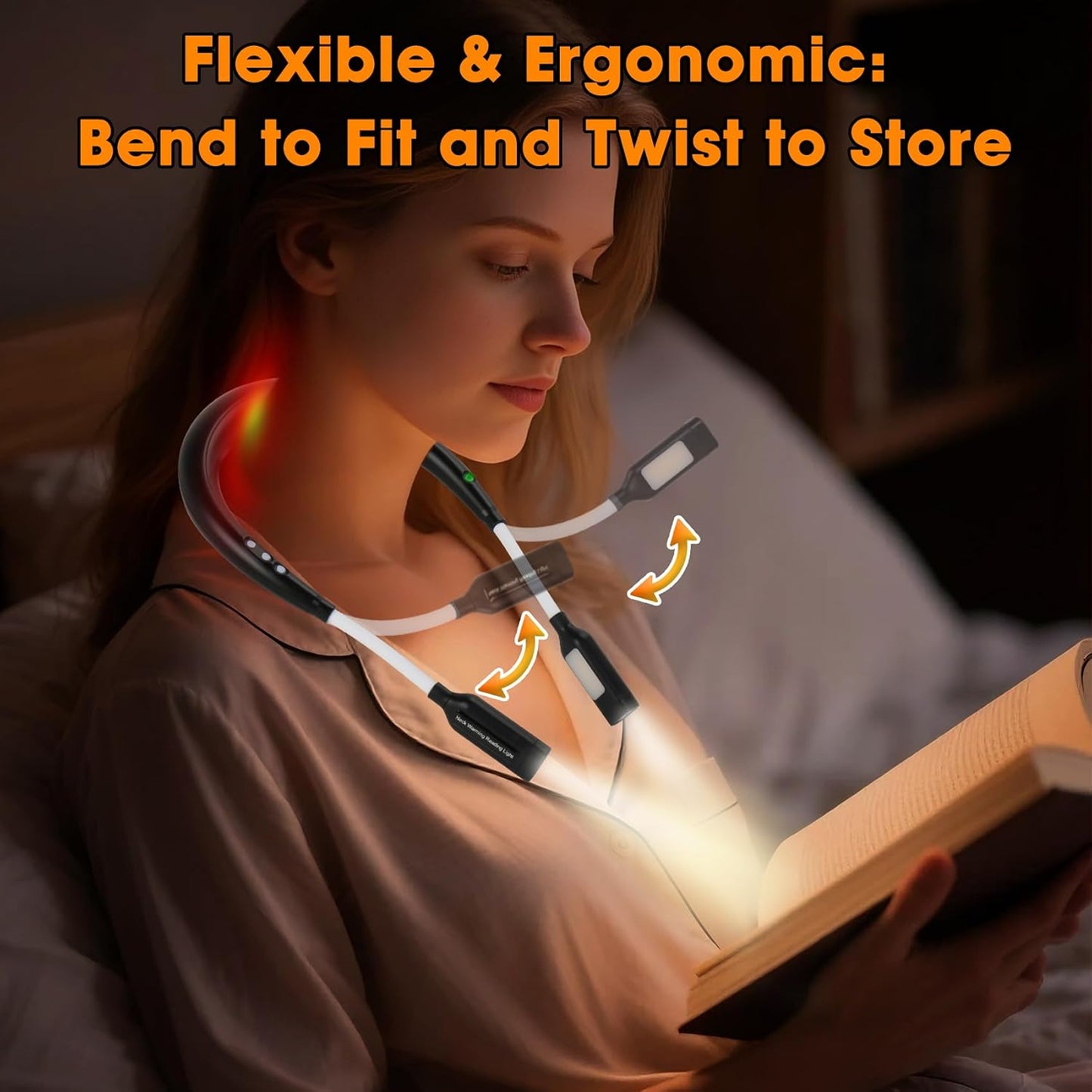 Rechargeable Heated Neck Reading Light with 4 Adjustable Light Modes, Hands Free LED Booklight Lamp for Books in Bed, Night Reading, Comfortable Book Lights for Readers & Crafters (Black)