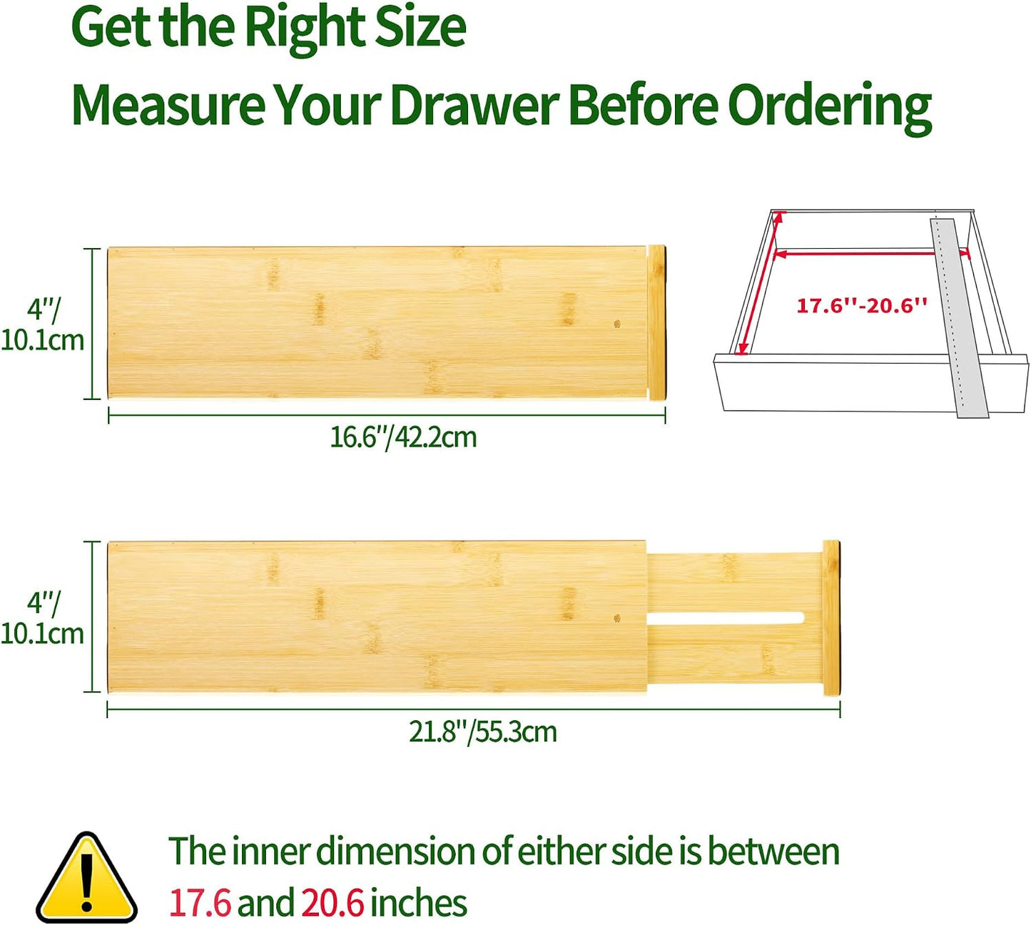 VaeFae 6-Pack Adjustable Bamboo Drawer Dividers, Expandable Drawer Organizer for Kitchen Utensils, Clothes, Bathroom, Office – Fits Drawer Interiors 16.6" to 21.8"