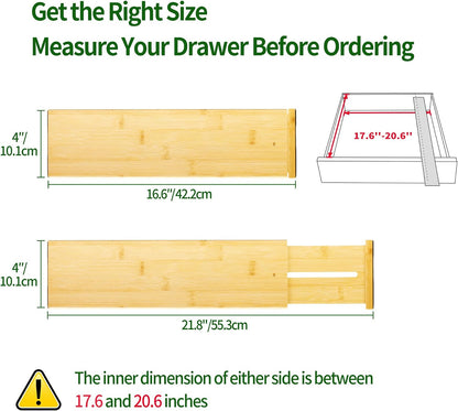 VaeFae 6-Pack Adjustable Bamboo Drawer Dividers, Expandable Drawer Organizer for Kitchen Utensils, Clothes, Bathroom, Office – Fits Drawer Interiors 16.6" to 21.8"