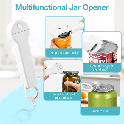 Jar Opener for Seniors with Arthritis, 7 in 1 Bottle Opener and Wine Corkscrew, Easy Grip Kitchen Gadget for Weak Hands Elderly, Retractable Jaw Lid Opener with Magnetic Storage (Teal)
