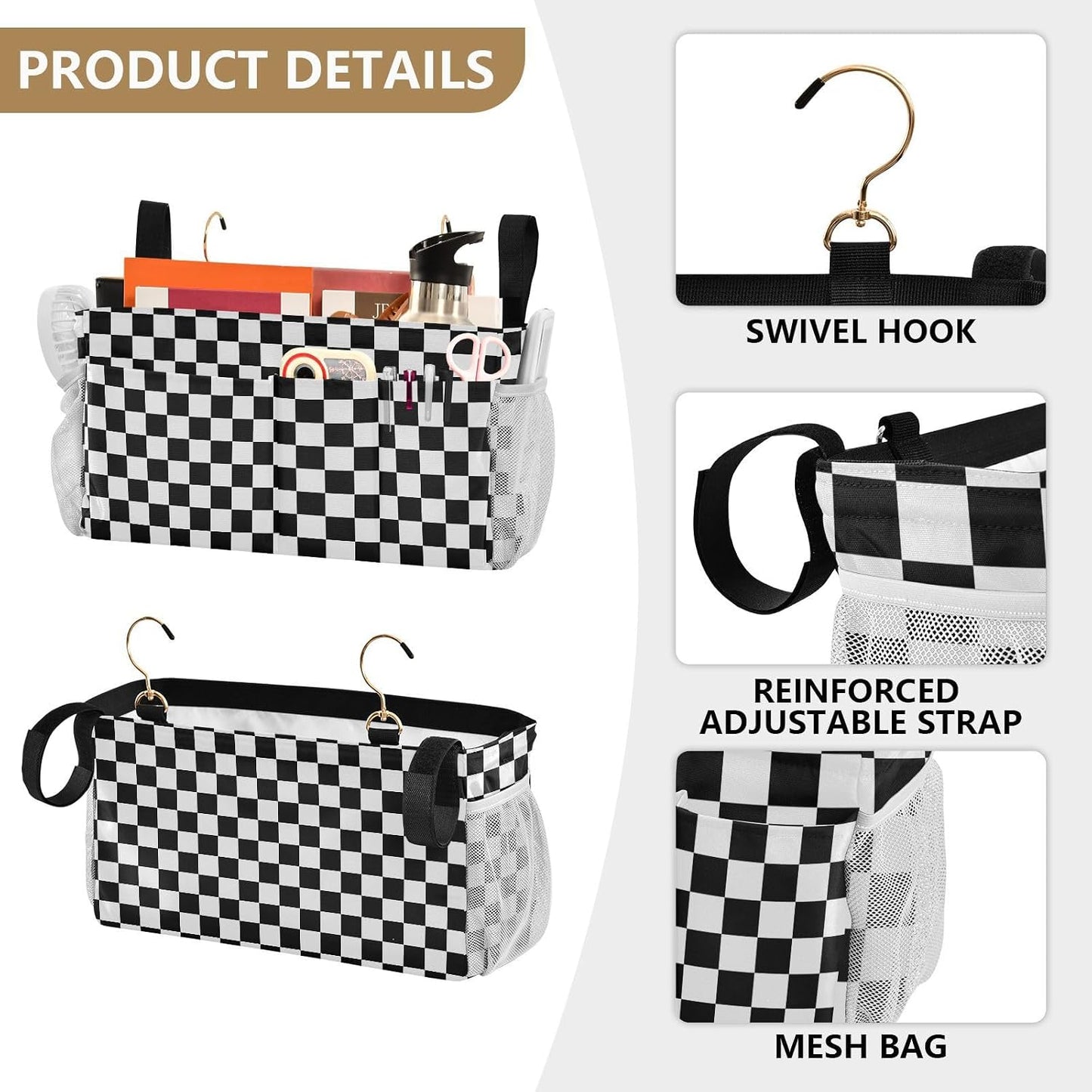 Black Bedside Caddy Storage Bag Bedside Organizer for Bed Rails College Dorm Room Organizer Caddy Hanging Shelf 6 Pockets with Hooks for Drinks Magazine Phone Holder