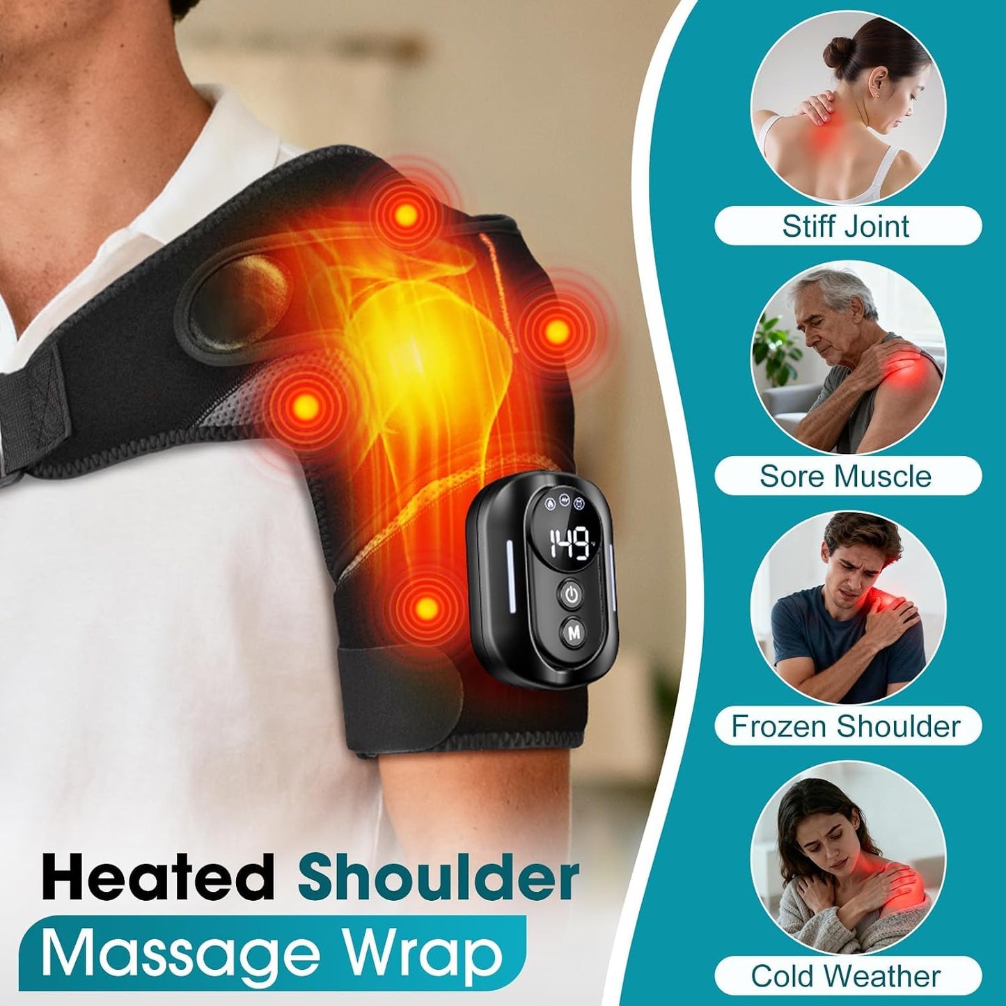 Cordless Shoulder Heating Pad,Heated Shoulder Wrap with Massage | Detachable Magnetic Remote Control Rotator Ruff Massager for Shoulder Pain Relief