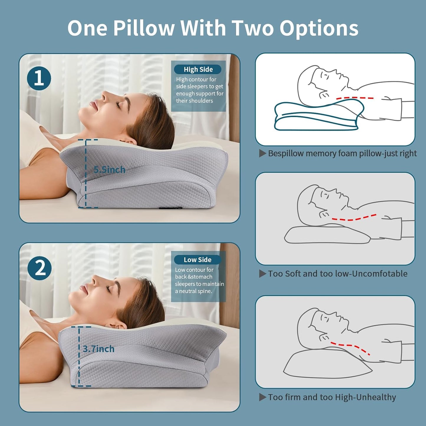 Cervical Neck Pillow for Pain Relief, Contour Memory Foam Pillows for Sleeping, Ergonomic Pillow Orthopedic Cooling Pillow Bed Pillow Neck Support for Side Back Stomach Sleepers（Grey&White