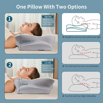 Cervical Neck Pillow for Pain Relief - Ergonomic Side Sleeper Pillow for Neck Support, Cooling Memory Foam Pillows, Contour Pillow Orthopedic Bed Pillow for Back Stomach Sleepers (Dark Grey)