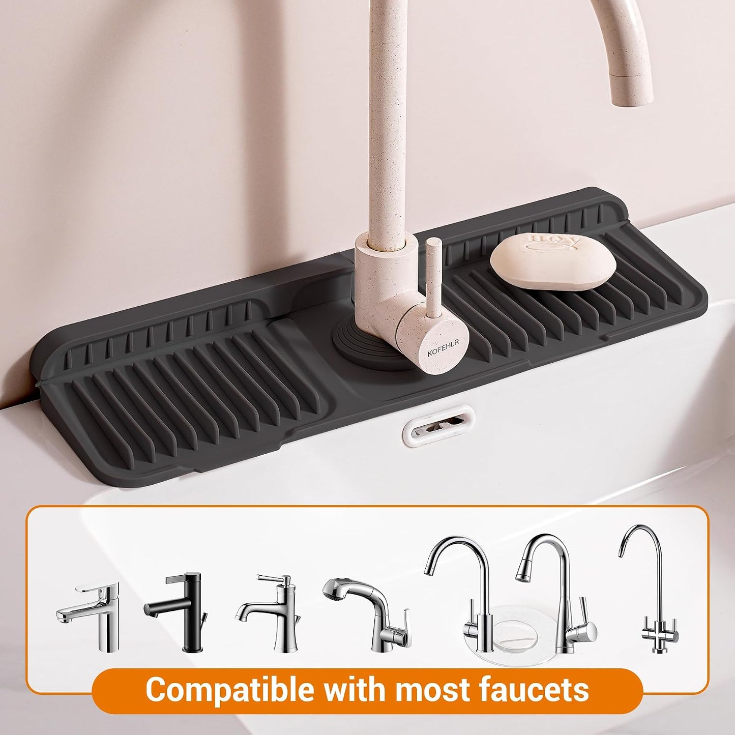 ZJWZLG Faucet Mat for Kitchen Sink, 14"X5.5" Silicone Sink Splash Guard , Snap-On Design & 7°slope Fast Drain, Folding Sink Faucet Mat for Universal Kitchen Bathroom Sink(Grey)