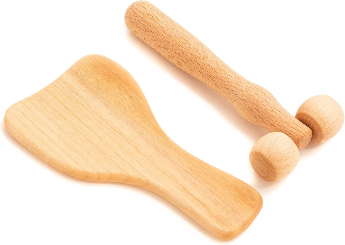 tuuli Body and Face Roller, Multi-Functional Wooden Massage Roller, Helps Ease Muscle Tension and Support Skin Health, Natural Face Massage Tools, Set of 2 (2 piece set A)
