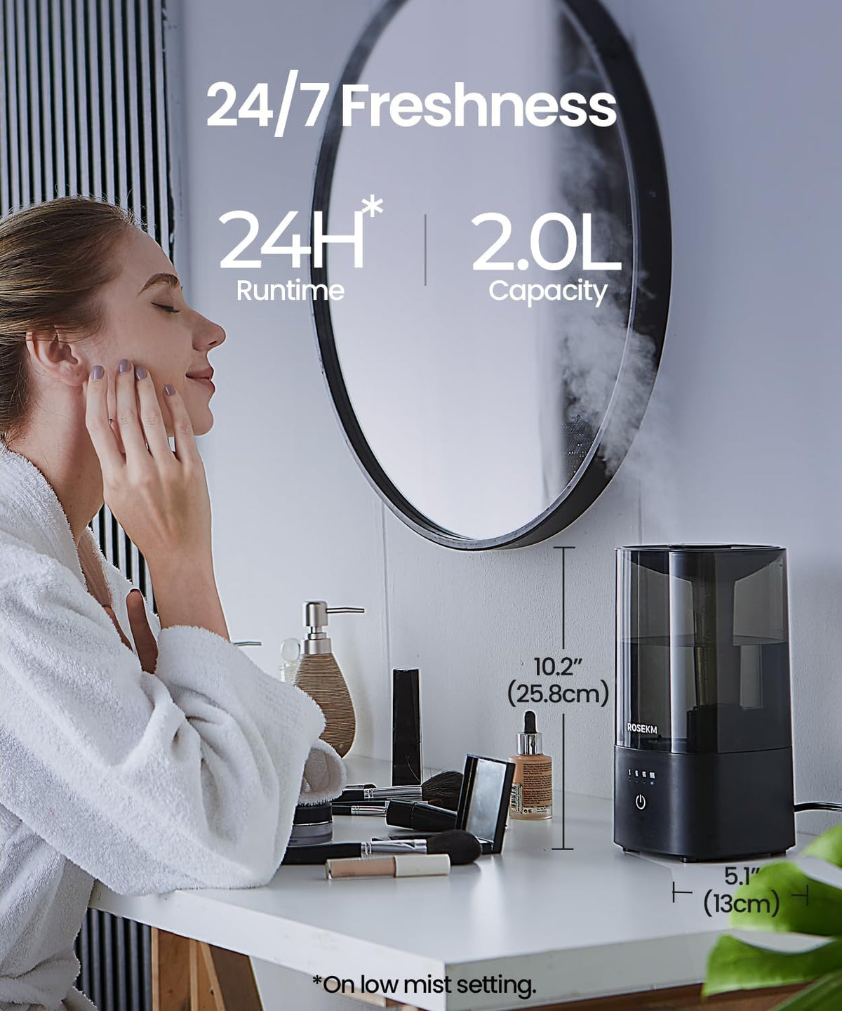 ROSEKM 2L Cool Mist Humidifier for Bedroom and Plants, Quiet, Black