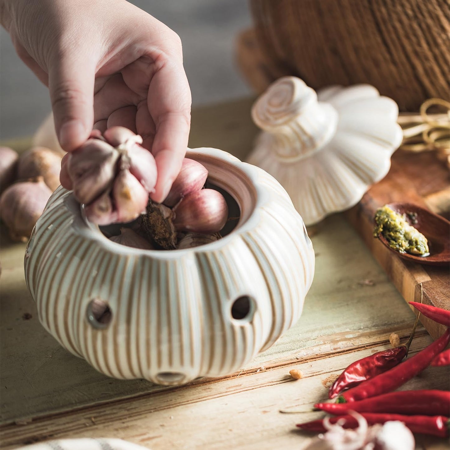 Garlic Storage Pod Ceramic Garlic Keeper with Lid Large Garlic Container for Counter, White