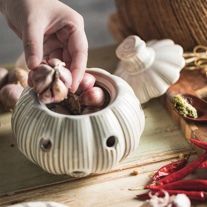 Garlic Storage Pod Ceramic Garlic Keeper with Lid Large Garlic Container for Counter, White