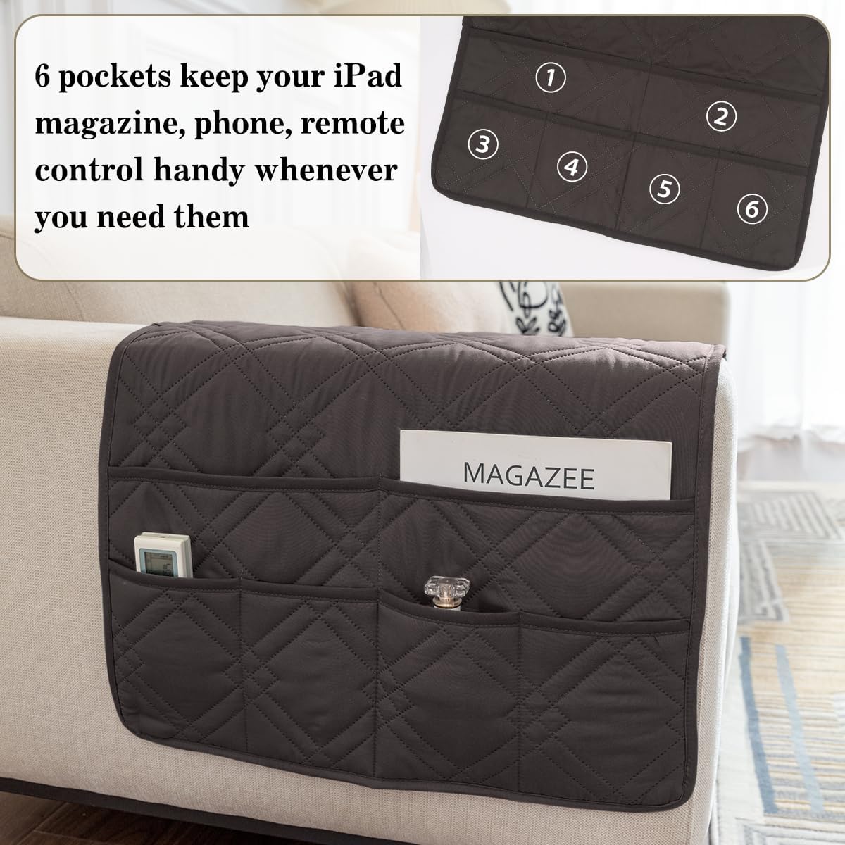 Couch Armrest Organizer Remote Control Holder Bedside Caddy with 6 Pockets, Non-Slip Armchair Caddy Sofa Armrest Organizer for Tv Remote Control, Magazine, Cell Phone, Beige