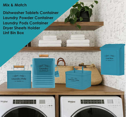 ELITAPRO Lint Holder Bin for Laundry Room - Farmhouse Magnetic Lint Bin with Lid - Wall Mounted Laundry Trash Can for Dryer, Washer - Laundry Room Organization and Storage - Hanging Lint Box (Teal)