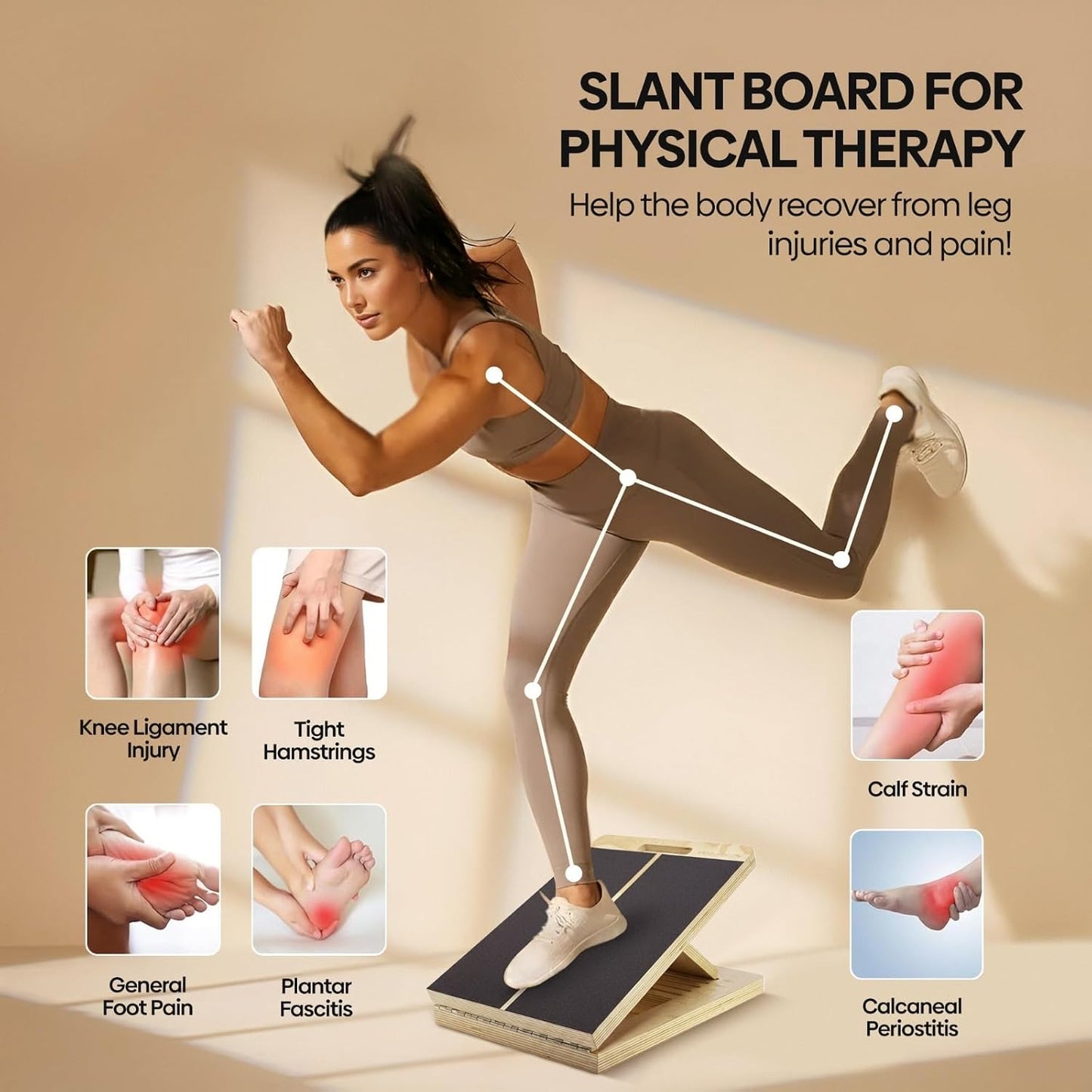 Wooden Slant Board for Calf Stretching - 6 Adjustable Angles, 400 Lbs Capacity Calf Stretcher Slant Board for Squats, Knees, Ankle, Leg, Heel & feet, Squat Wedge & Physical Therapy Equipment