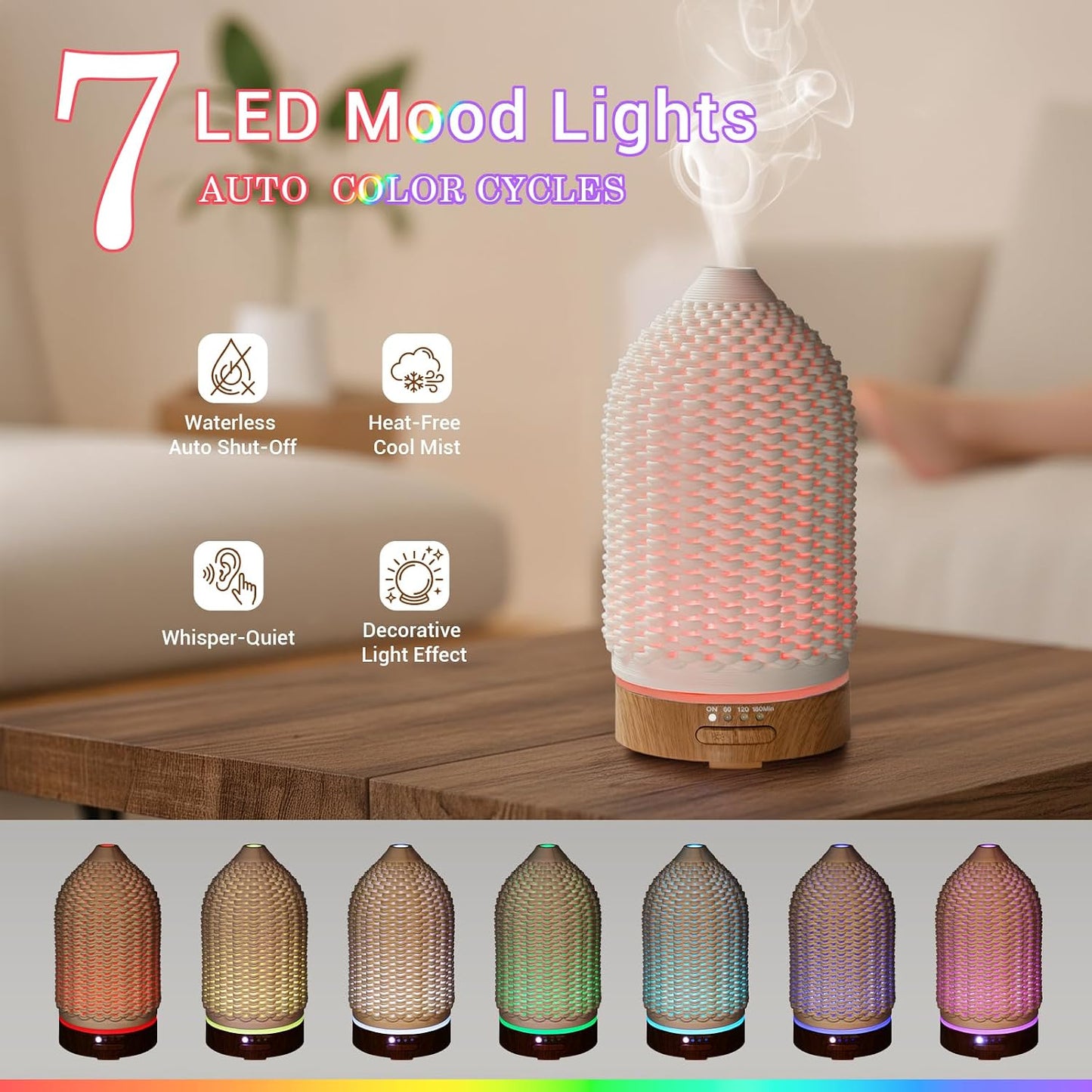 VICTORIA AROMA Essential Oil Diffuser - Multifunction Aromatherapy Diffuser 7 LED Color Changing Light 100ML Rattan Diffuser Easy to Clean Suitable for Home,Office (Tan)