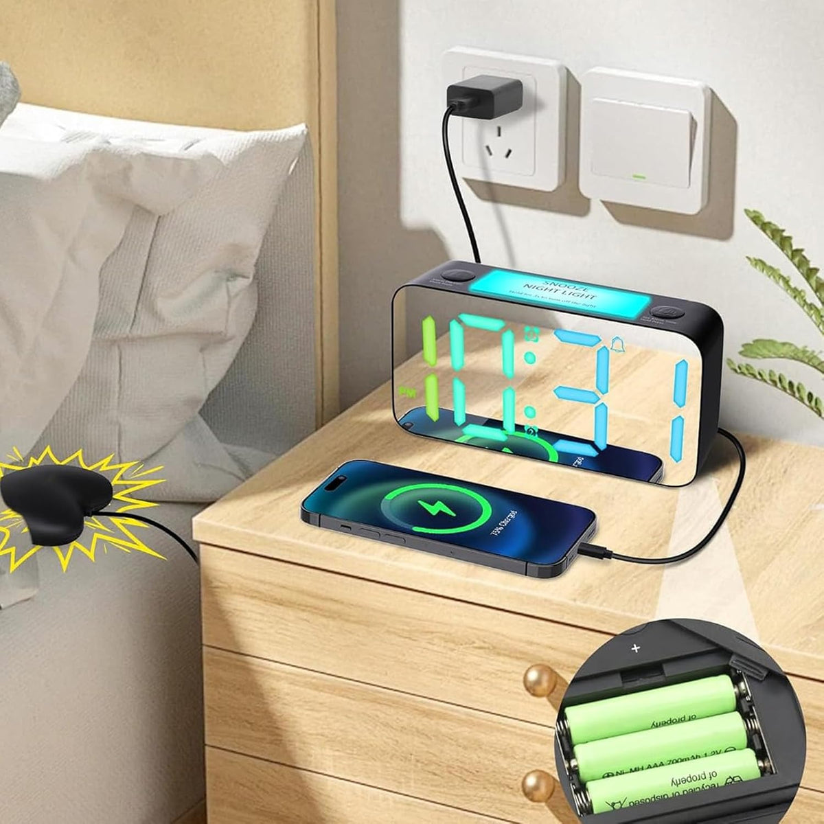 LoudVibrating Alarm Clock for Heavy Sleepers, Alarm Clock with Bed Shaker, Large LED Digital Display Alarm with Corded Vibrator for Hearing Impaired Deaf Teens Adults
