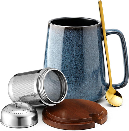 Zhehao 24oz Large Ceramic Tea Mug with Loose Leaf Infuser, Gift for Men Women, Coffee Cup with Lid & Spoon for Tea Lovers, Microwave & Dishwasher Safe, Present for Thanksgiving Christmas(Green)