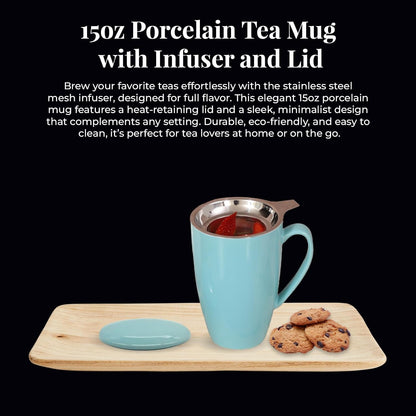 PorcelainTea Mug, 15oz Ceramic Tea Infuser Cup with Cooling Handle & Strainer, Microwave and Dishwasher safe Steeping Cup for Tea lovers, Christmas, Birthday and Mother’s Day (Turquoise)