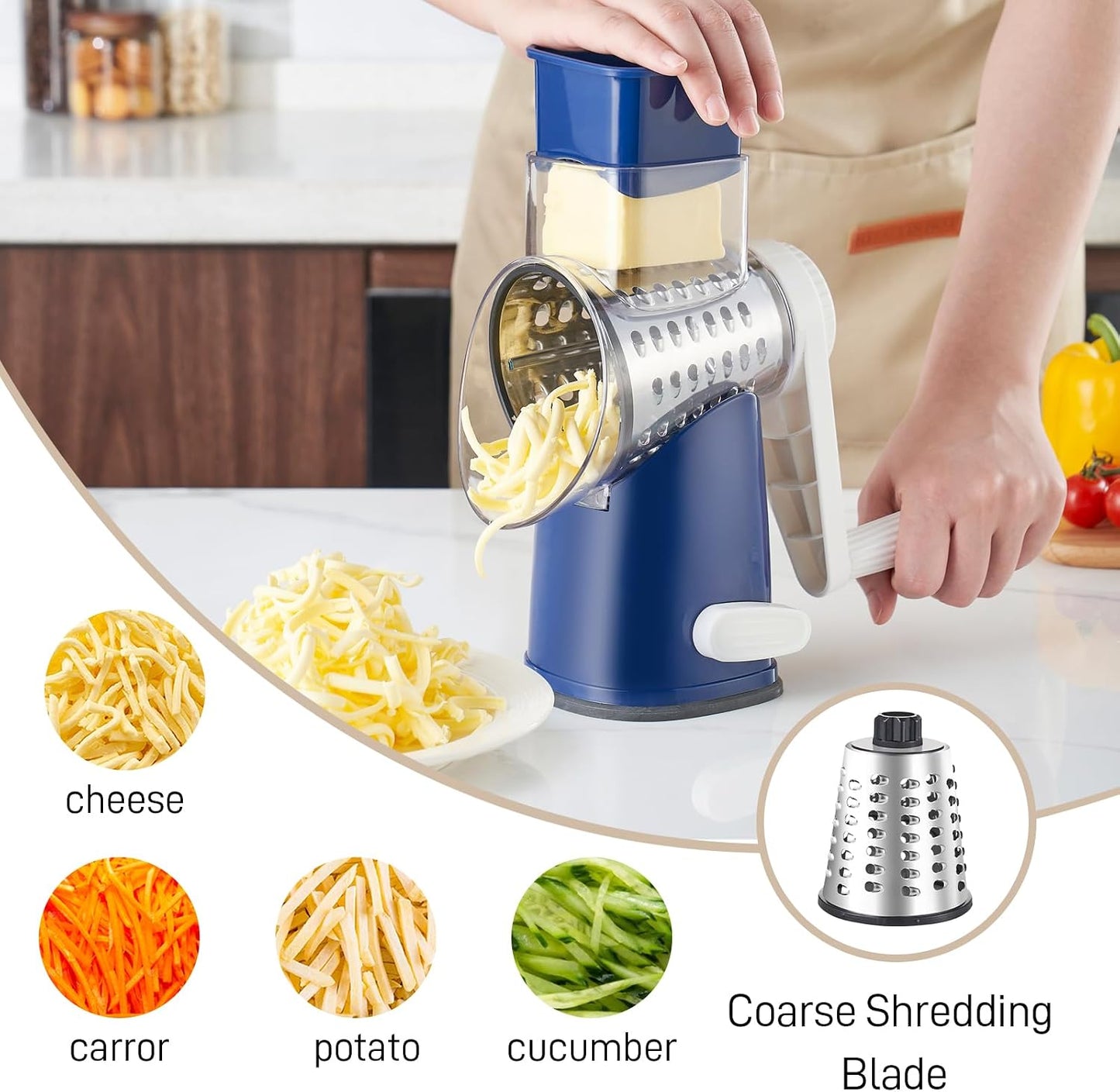 Weltonhm 4 in 1 Large Rotary Cheese Grater Hand Crank (black, 3 Graters) | Cheese Shredder Rotary and Slicer with 4 Stainless Steel Blades for Vegetables, Veggie and Cheese, Stronger Suction Base