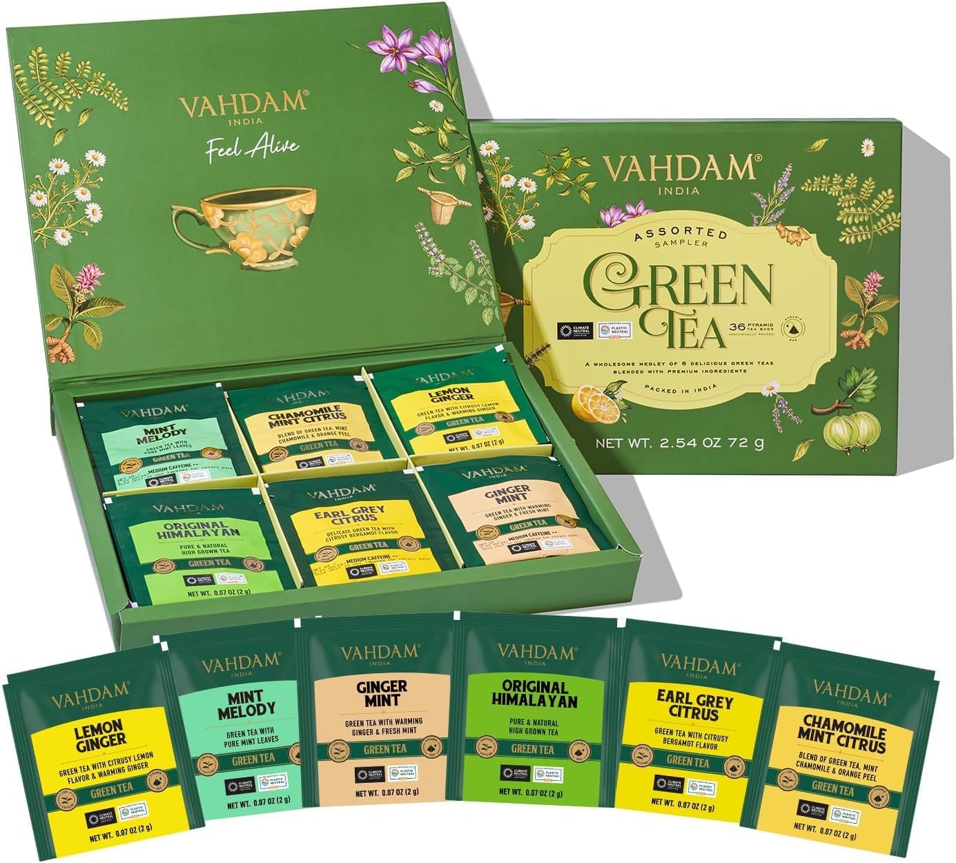 VAHDAM, Assorted Herbal Tea Sampler (18 Tea Bags, 9 Flavors) Caffeine-Free, Non-GMO | Double Infusion, Individually Enveloped Tea Bags | Herbal Tea Assortmen