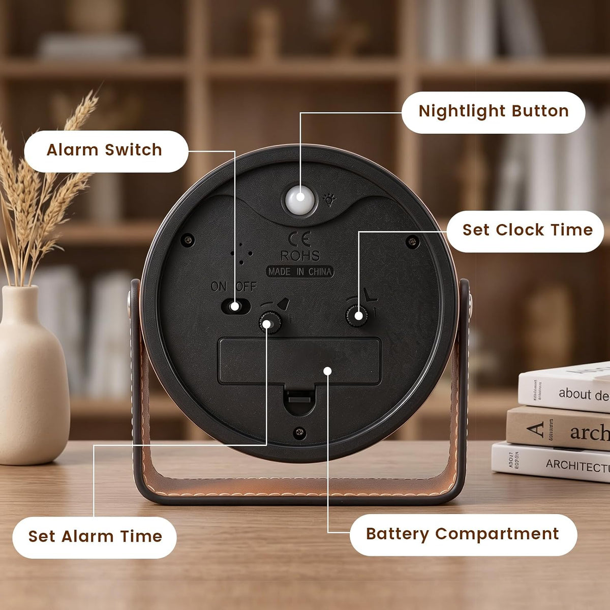 Analog Alarm Clock - 4.5" Silent Non Ticking Small Clock with Light, Rotatable Stand Metal Desk Clock Battery Operated, Simple Design for Living Room Decor/ Bedroom/Bedside/Shelf (Black & White)
