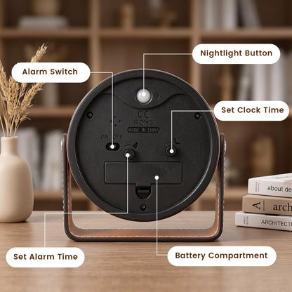 Analog Alarm Clock - 4.5" Silent Non Ticking Small Clock with Light, Rotatable Stand Metal Desk Clock Battery Operated, Simple Design for Living Room Decor/ Bedroom/Bedside/Shelf (Black & White)