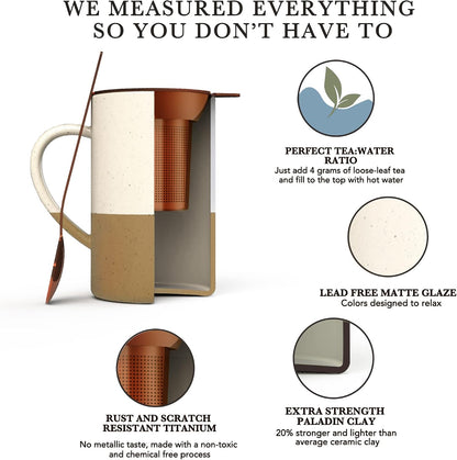 Mora Ceramics Tea Cup with Loose Leaf Infuser, Spoon and Lid, 12 oz, Microwave and Dishwasher Safe Coffee Mug - Rustic Matte Ceramic Glaze, Modern Herbal Tea Strainer - Great Gift for Women, Garnet