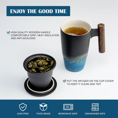 suyika Ceramic Tea Cup with Infuser and Lid Tea Mugs Wooden Handle 400ml/13.5oz Dark Green