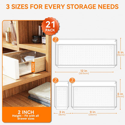 6 Pack Large Clear Plastic Drawer Organizer Trays, Acrylic Kitchen Drawer Organization and Storage Dividers, Non-Slip Storage Bins for Makeup, Kitchen Utensils, Bathroom, Jewelries and Office Desk