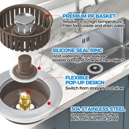 3 in 1 Kitchen Sink Drain Strainer Stopper Removable Basket Pop-Up | Kitchen Sink Food Strainer 1 Pack Silver Stainless - Food Catcher, Odor-Block Seal, Fits 3.5" Drain, Easy Clean