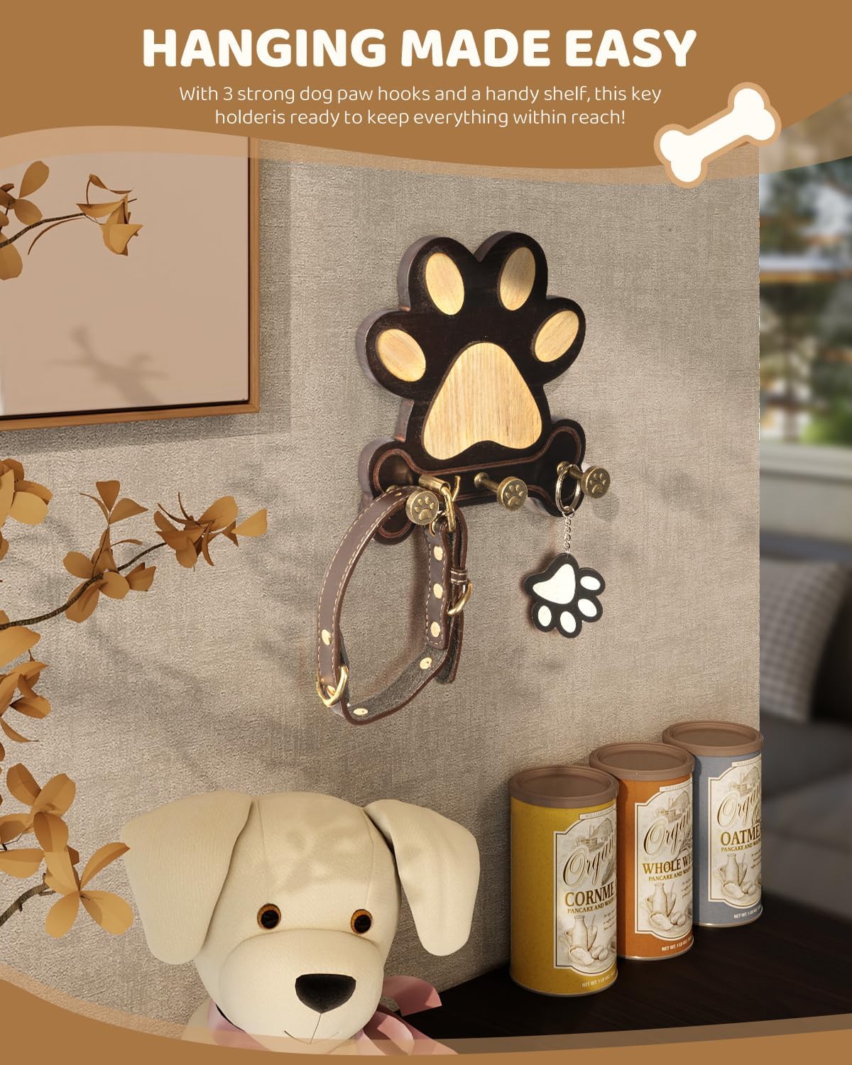 MTERSN Pine Wood Dog Leash Holder for Wall for Dog Walking Station, Black