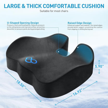 BlissTrends Memory Foam Seat Cushion for Office Chair & Car Seat, Black | 4.7in Ergonomic Tailbone & Sciatica Support with Removable Velvet Cover for Pressure Relief and Long Sitting Comfort