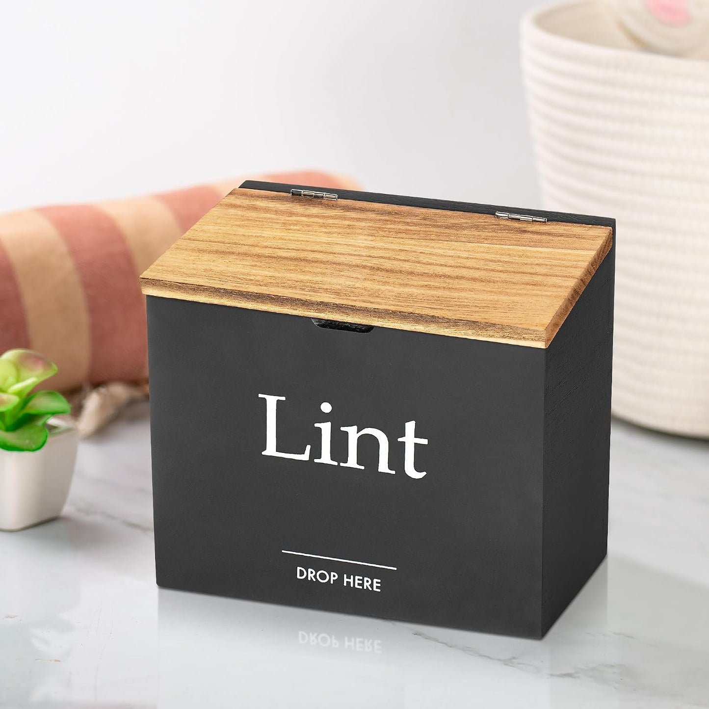 Magnetic Lint Bin for Laundry Room, Compact Size | Wooden Dryer Lint Bin with Lid - Rustic Lint Box, Magnetic Bin - Modern Farmhouse Laundry Room Decor, Black with Torched Lid