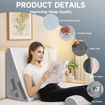 Bed Wedge Pillow for Sleeping, 3 Pcs Adjustable Height 4.5&7.5&12 Inch Triangle Pillow Wedge for Post Surgery, Acid Reflux, Snoring, Legs Pain Relief (Gray)