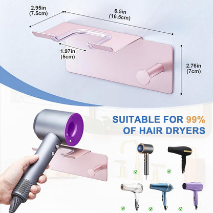 Hair Dryer Holder Wall Mounted, Blow Dryer Holder Adhesive, Metal Hairdryer Holder for Bathroom, Hair Tool Organizer with Plug&Cord for Cabinet Bathroom Bedroom Barber Shops (Rose Gold)