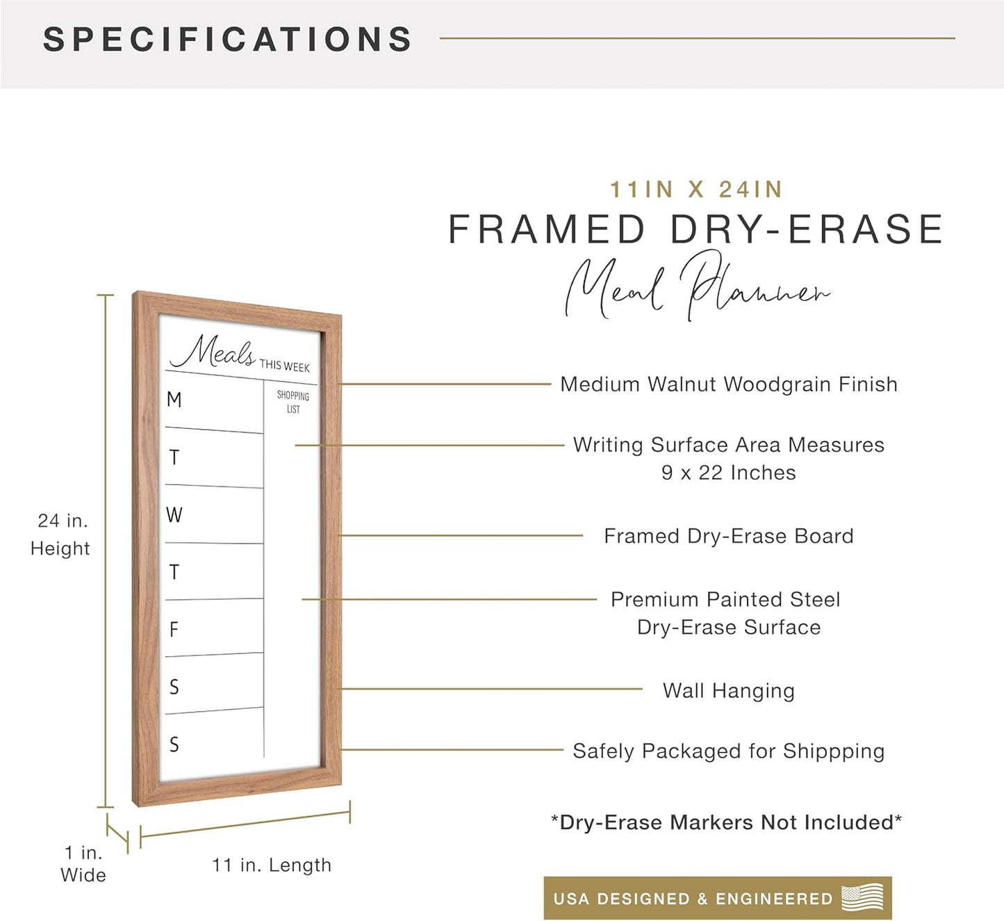 MCS Dry Erase Weekly Meal Planner Black Framed Calander Whiteboard, 11x24 | Dry Erase Weekly Meal Planner Black Framed Calander Whiteboard Frame, 11x24 Inch
