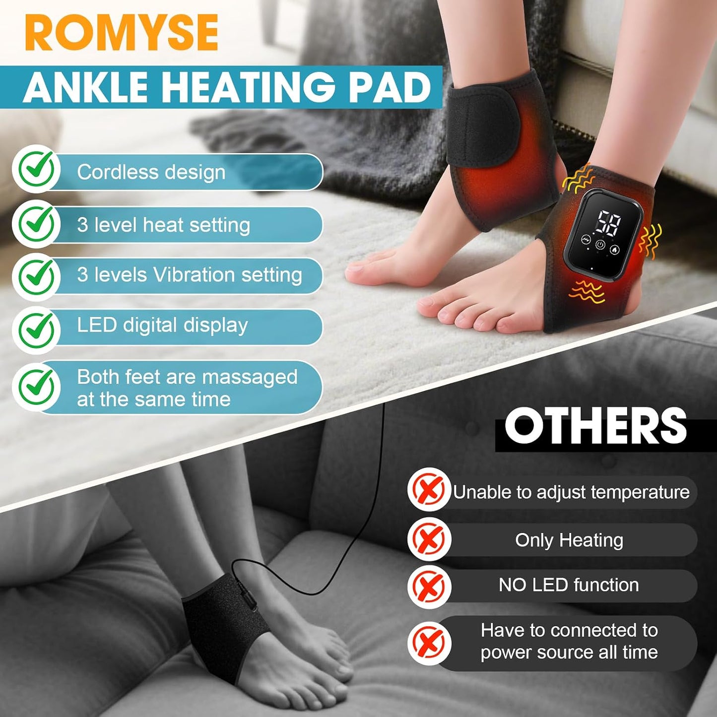 2-Pack Ankle Heating Pad, Cordless Ankle Massager with Heat, Heated Wraps for Foot & Ankle, 3 Heat & Vibration Settings, Auto Shut-Off, Gifts for Women Men