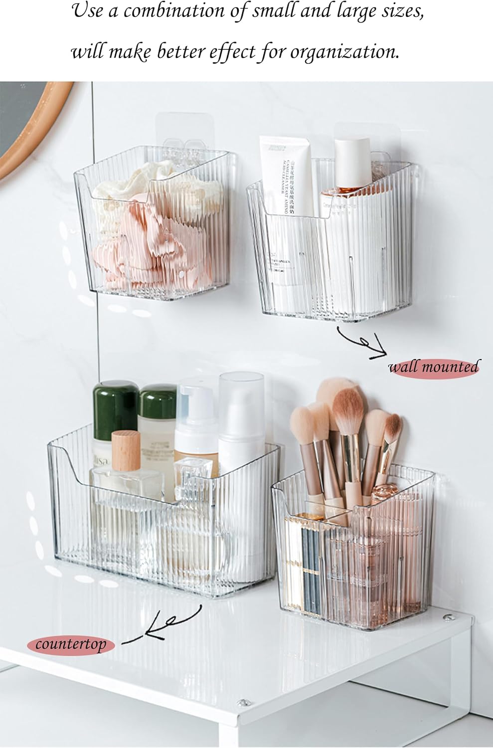 Lae Nuvole 2Pcs Storage Organizer Bins, Wall Shower Toothbrush Caddy, Clear | with Dividers & 4 Adhesive Pads, No Drill, Renter Friendly, BPA-Free PET, Fits Bathroom, Apartment, RVs, Cabinet/Pantry Door