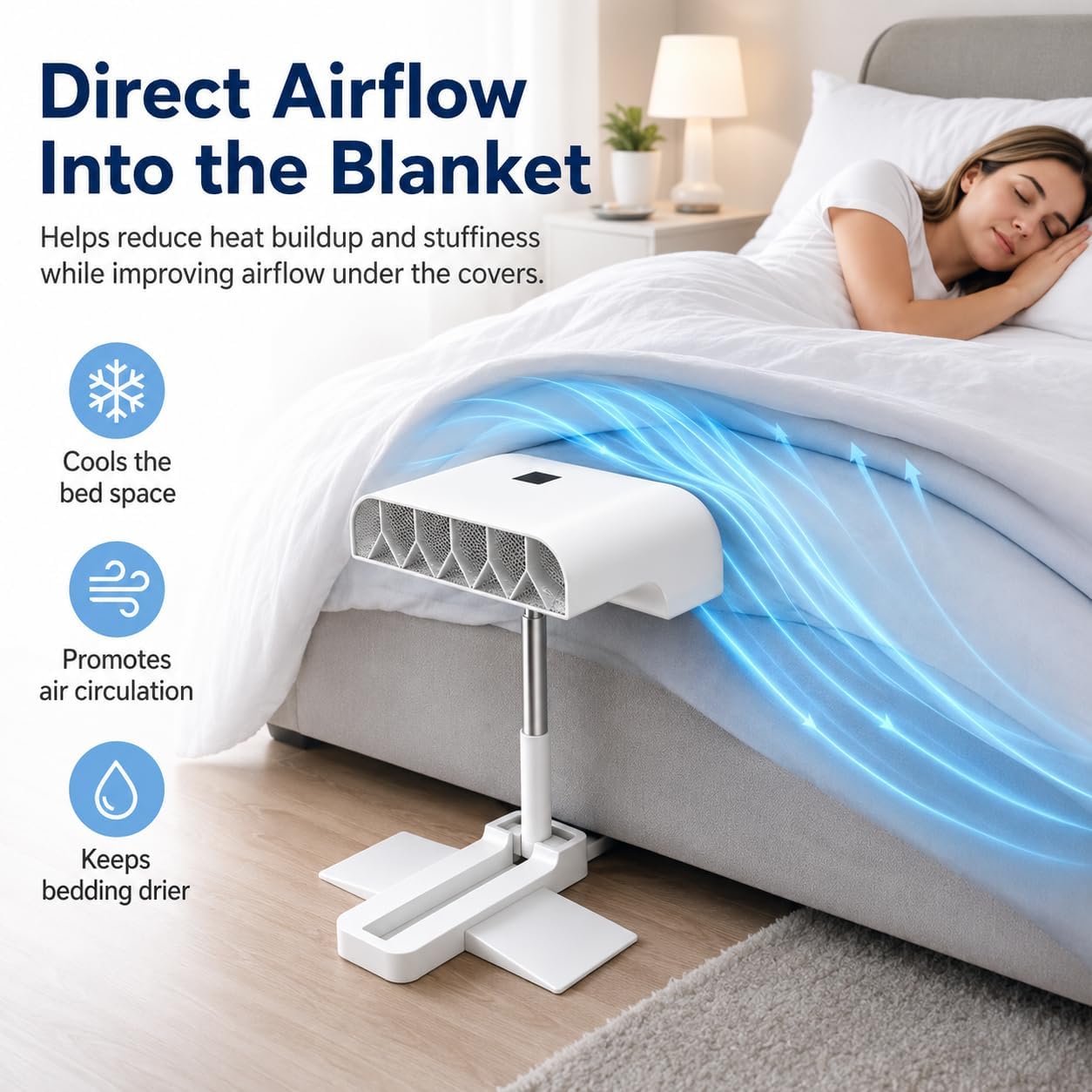 Rhona Breezel Sleep Bed Fan, Bed Cooling System with Remote Control, 5 Speeds, Quiet Airflow, Adjustable Height, Digital Display and Timer for Bedroom Night Cooling