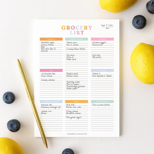 Grocery List Notepad with Magnet, 6.5 x 9 in, 52 Tear-Off Pages, Color-Coded Sections for Organized Weekly Shopping Planning Pad with Cardstock Backing