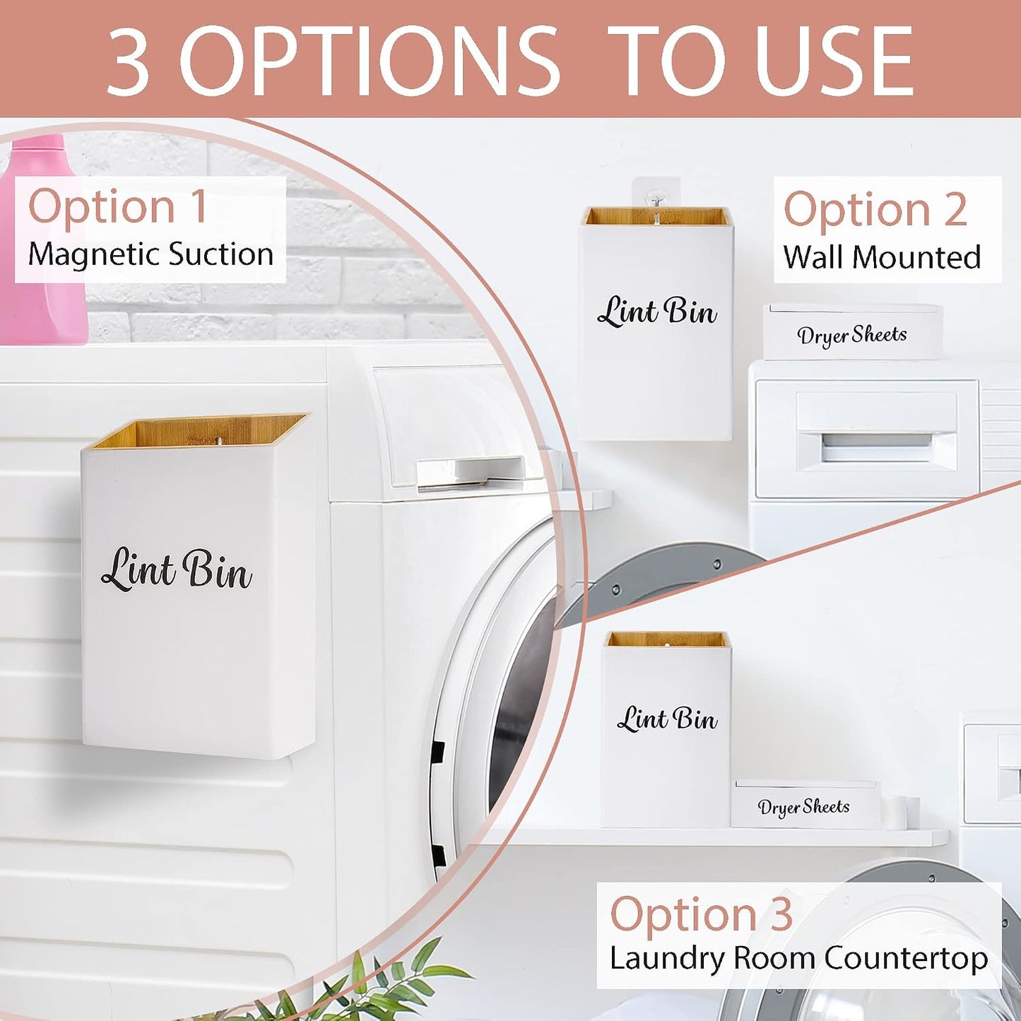 FJO 2 Pack Magnetic Lint Bin 10’’ x 7’’ and Dryer Sheet Holder 8’’ x 5’’ | Wall Mounted Bamboo Wood Trash Can Compact Size Laundry Room Accessories Supplies