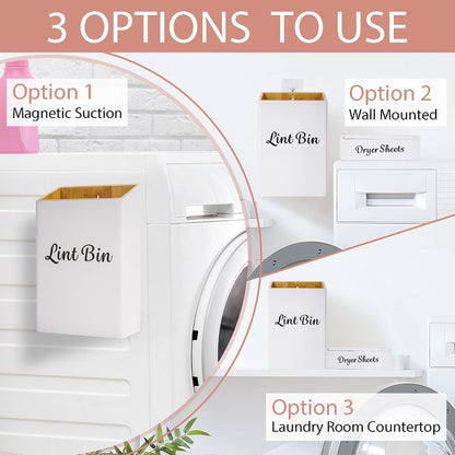FJO 2 Pack Magnetic Lint Bin 10’’ x 7’’ and Dryer Sheet Holder 8’’ x 5’’ | Wall Mounted Bamboo Wood Trash Can Compact Size Laundry Room Accessories Supplies