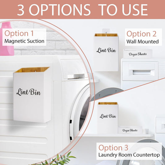FJO 2 Pack Magnetic Lint Bin 10’’ x 7’’ and Dryer Sheet Holder 8’’ x 5’’ | Wall Mounted Bamboo Wood Trash Can Compact Size Laundry Room Accessories Supplies