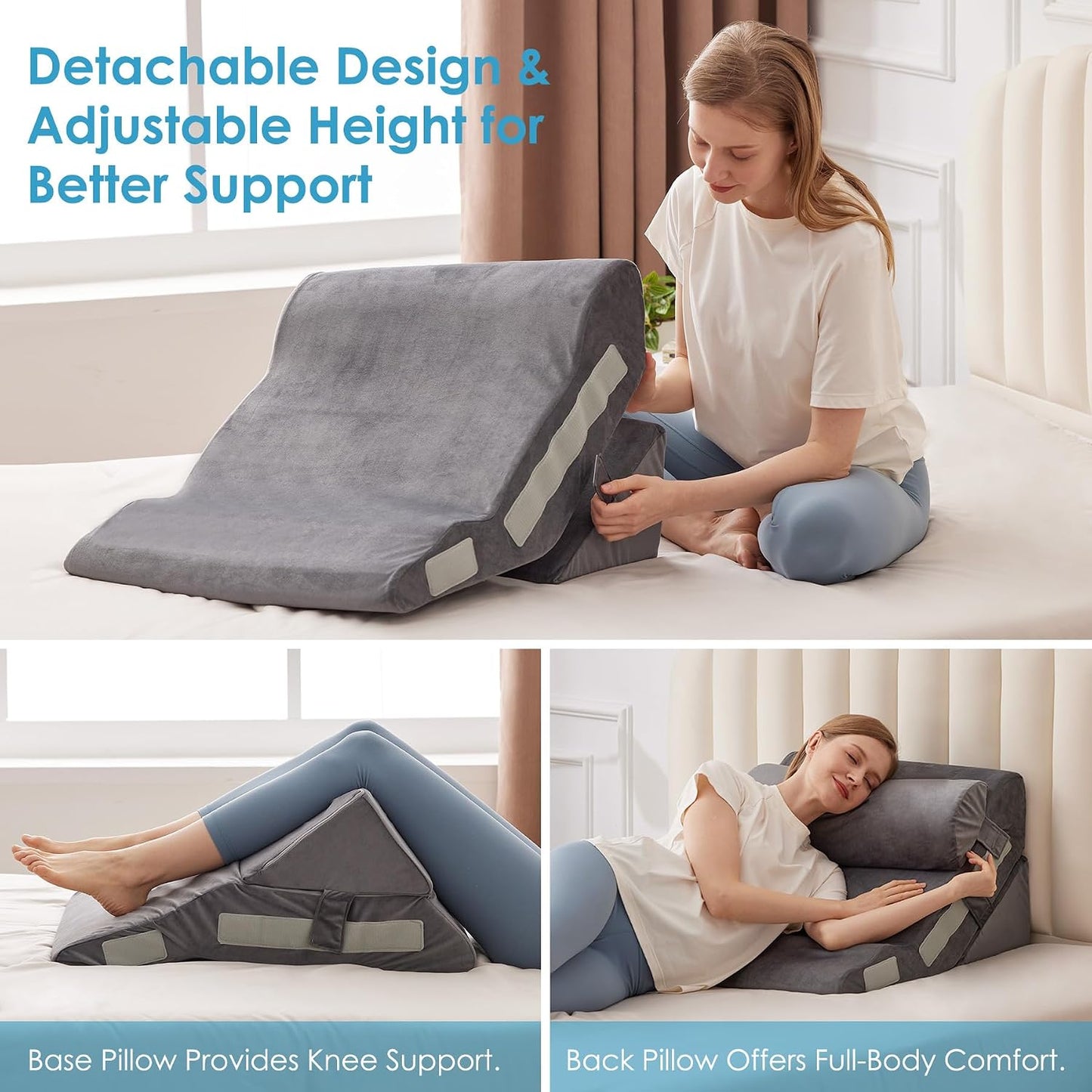 MEGCXIT 3PCS Bed Wedge Pillow for Headboard, Adjustable Wedge Pillow for Sleep Apnea, 23” Wide Triangle Pillow Wedge Set for After Surgery, Acid Reflux Relief, Snoring, Neck&Back Support, White/Grey
