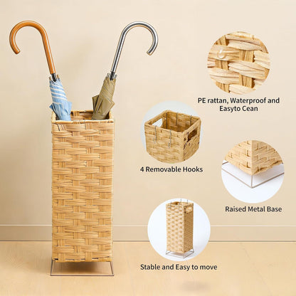 Rattan Umbrella Holder Basket Stand for Entryway | Handwoven, Indoor Umbrella Storage with Waterproof Base, Durable Metal Hooks & Removable Drip Tray