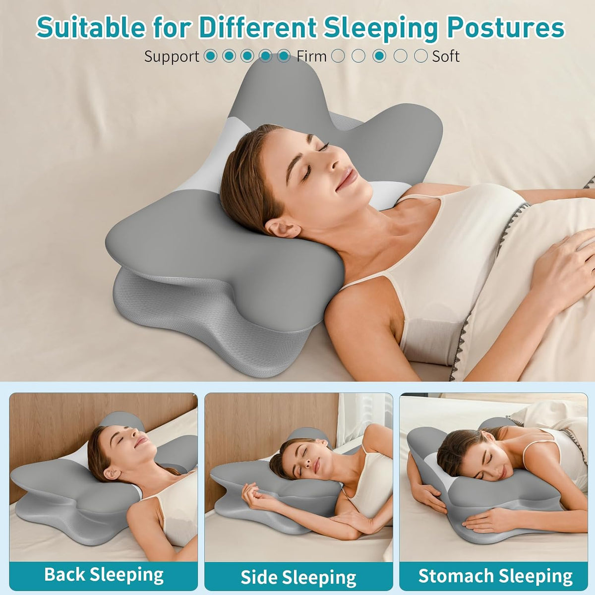 Cervical Pillow for Neck Pain Relief, Ergonomic Neck Pillow for Sleeping, Contour Pillow for Neck Support, Memory Foam Pillows for Side Back Stomach Sleepers(White&Grey)