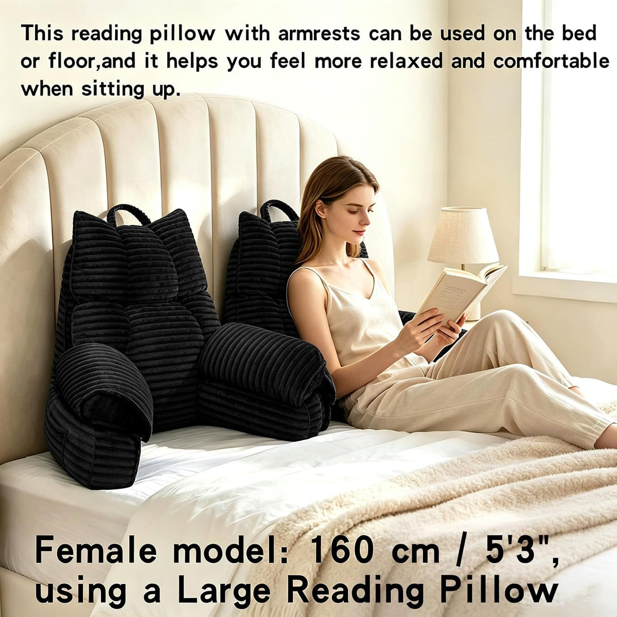 Reading Pillow for Bed with Arms, Back Support, Memory Foam（Grey Black）